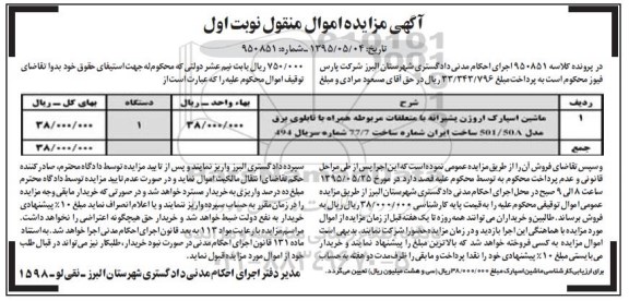 مزایده,مزایده ماشین اسپارک اروژن بشیرانه با متعلقات مربوطه همراه با تابلو برق 