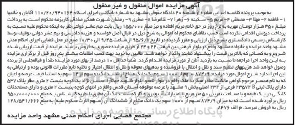 مزایده,مزایده 874.9 سهم از 1000 سهم یک دانگ مشاع از ششدانگ دو سهم از 12 سهم 