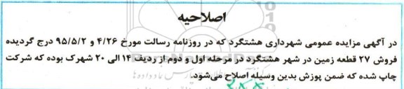 اصلاحیه مزایده,مزایده فروش 27 قطعه زمین در شهر هشتگرد -اصلاحیه 