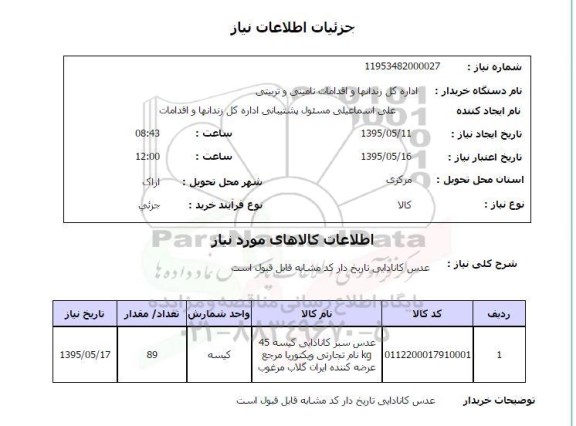 استعلام , استعلام عدس کانادایی تاریخ دار