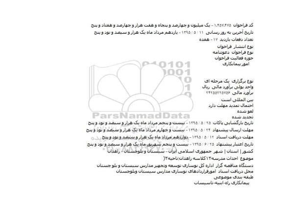 فراخوان , فراخوان احداث مدرسه ۱۲ کلاسه زاهدان (ناحیه 2)