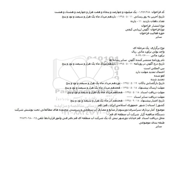فراخوان , فراخوان آمار برداری سراسری(دورسوم)از منابع و مصارف آب سطحی و زیرزمینی محدوده های مطالعاتی