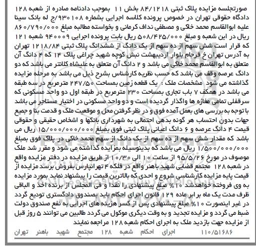مزایده,مزایده شش سهم از ده سهم از یک دانگ از پلاک ثبتی