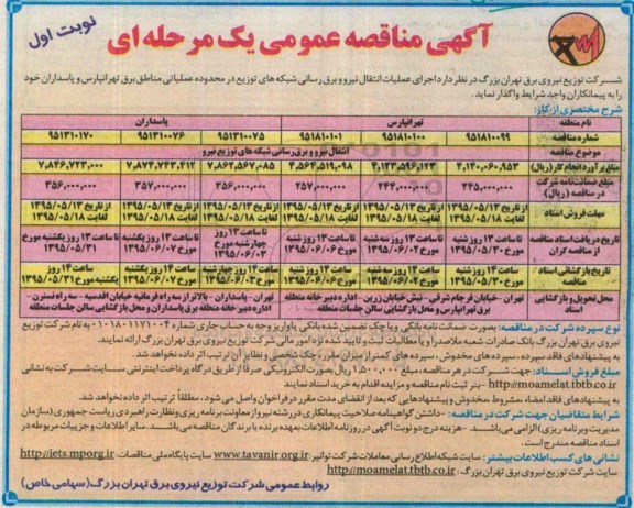 آگهی مناقصه عمومی یک مرحله ای, مناقصه عملیات انتقال نیرو و برق رسانی شبکه های توزیع در محدوده عملیاتی منطقه برق تهرانپارس و....