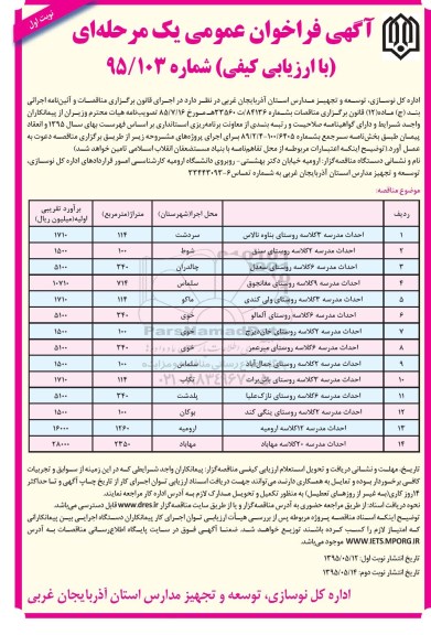 آگهی فراخوان عمومی یک مرحله ای با ارزیابی کیفی,فراخوان احداث مدرسه ابتدایی 3 کلاسه ...