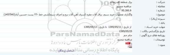 مناقصه محدود, مناقصه واگذاری عملیات خرید سیم، یراق آلات مقره کسری آهن آلات ...