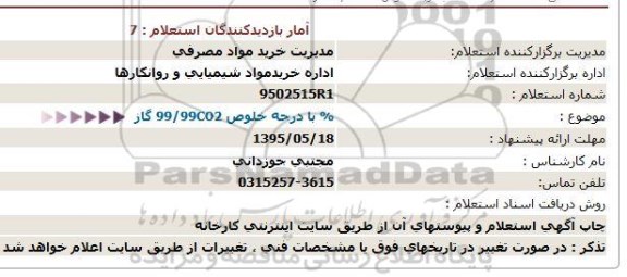 استعلام , استعلام گاز CO2 با درجه خلوص 99.99%