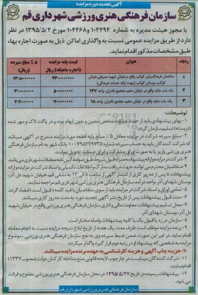آگهی تجدید  مزایده , مزایده عمومی  واگذاری ساختمان فرهنگسرای کوکب .....