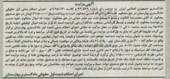 مزایده,مزایده ملک مسکونی مساحت کل 80/70متر