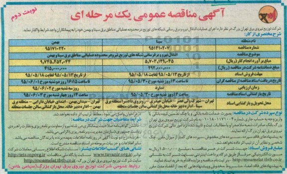 مناقصه, مناقصه انتقال نیرو و برق رسانی شبکه های توزیع نیرو در محدوده عملیاتی مناطق برق سینا و بهمن- نوبت دوم 