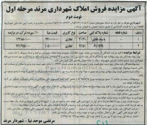 مزایده,مزایده فروش املاک کاربری تجاری مساحت 30.40 و 92.51متر نوبت دوم