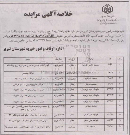 خلاصه آگهی مزایده,مزایده واگذاری به اجاره مغازه و اماکن