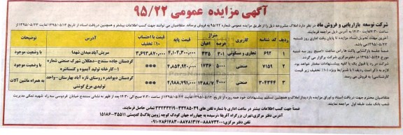 مزایده,مزایده فروش املاک کاربری تجاری مسکونی صنعتی 95/22