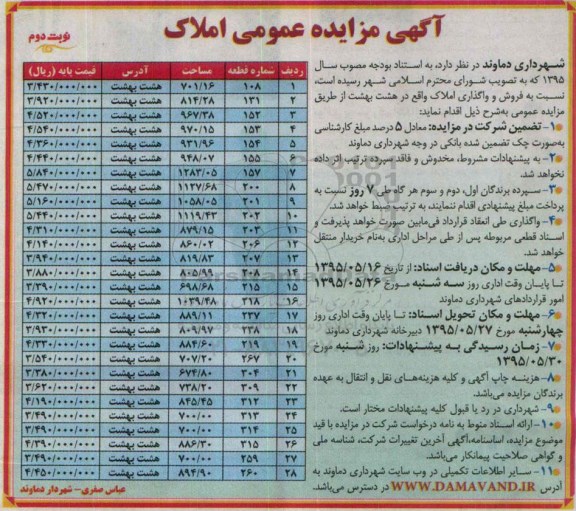 مزایده,مزایده فروش و واگذاری املاک واقع در هشت بهشت نوبت دوم 