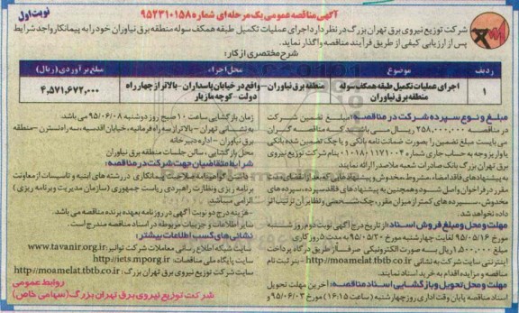 آگهی مناقصه عمومی یک مرحله ای , مناقصه اجرای عملیات تکمیل طبقه همکف سوله منطقه برق نیاوران