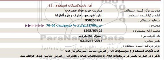 استعلام , استعلام خرید 2700 کیلوگرم 60-70 % فرومولیبدن