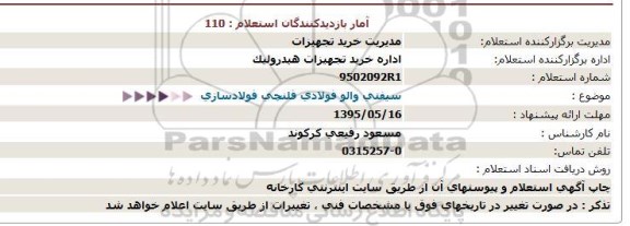 استعلام سیفتی والو فولادی فلنچی فولادسازی 95.05.14