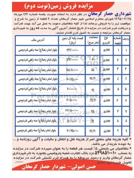 مزایده,مزایده فروش تعداد نه قطعه زمین نوبت دوم 
