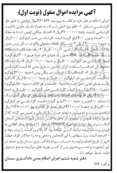 مزایده , مزایده کفشک پیکانی (بدون لنت ) 2- تابلو برق اصلی به هرماه بانک خازنی نوبت اول