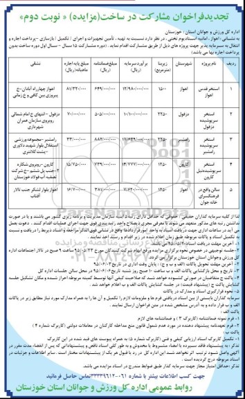 فراخوان مشارکت در ساخت (مزایده) , مزایده تهیه ، تامین تجهیزات و اجرای - تکمیل - بازسازی - پرداخت اجاره و انتقال جهت  استخر قدس اهواز... تجدید