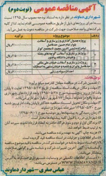 آگهی مناقصه عمومی , مناقصه پروژه جدولگذاری و زیرسازی و آسفالت بلوار امام حسین و ... نوبت دوم