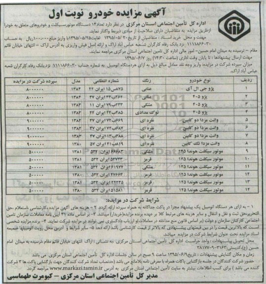 آگهی مزایده , مزایده فروش  تعداد 14 دستگاه موتور سیکلت و خودرو