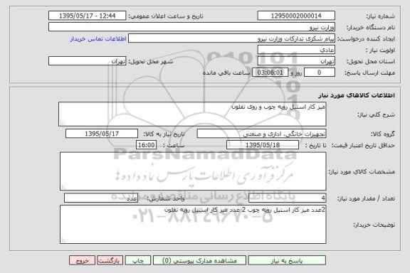 استعلام , استعلام میز کار استیل رویه چوب و روی تفلون