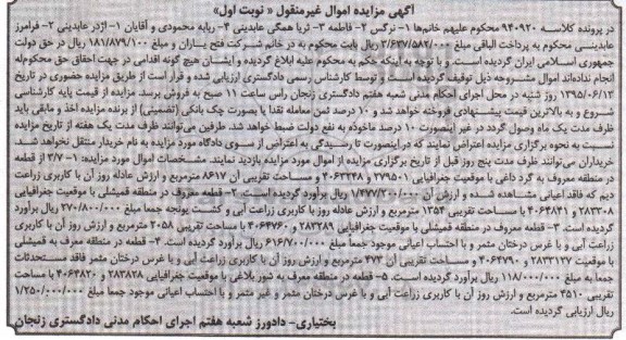 مزایده,مزایده 5 قطعه ملک در پرونده کلاسه 940920 اموال غیرمنقول نوبت اول 