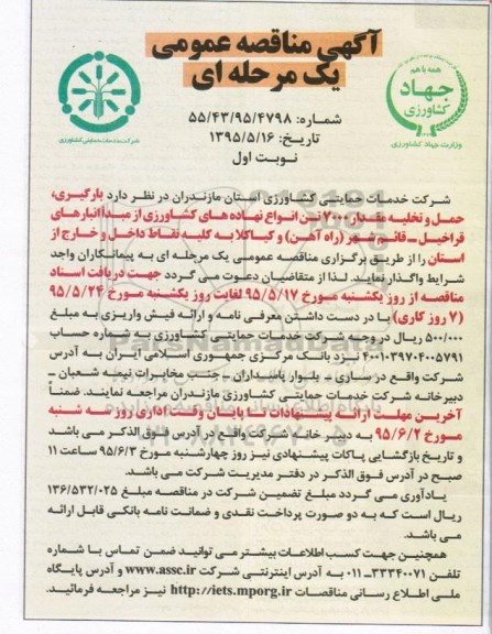 آگهی مناقصه عمومی یک مرحله ای , مناقصه بارگیری ، حمل و تخلیه مقدار 7000  تن انواع نهاده های کشاورزی