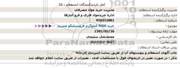 استعلام خرید 9000 كیلوگرم فروسیلیكو منیزیم