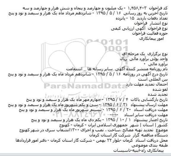 آگهی ارزيابی کيفی،آگهی ارزيابی کيفی تهيه مصالح ،ساخت ، نصب و اجرای ۱۳۰۰انشعاب سری در شهر کهنوج