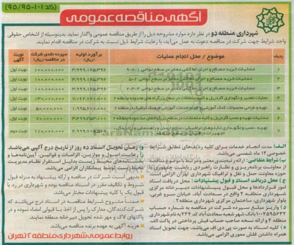آگهی مناقصه عمومی , مناقصه عملیات خرید مصالح و اجرای خط کشی معابر در سطح نواحی و ...