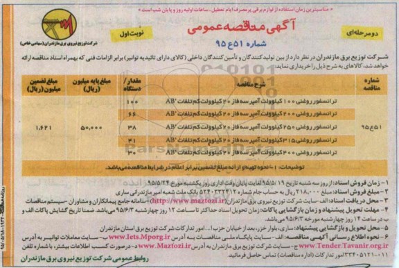 مناقصه , مناقصه ترانسفور روغنی 100 کیلوولت آمپر سه فاز 20 کیلو ولت کم تلفات  AB نوبت اول
