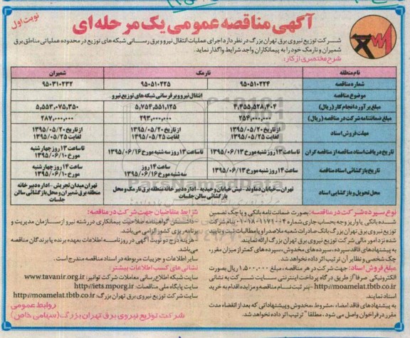 آگهی مناقصه عمومی یک مرحله ای , مناقصه  اجرای عملیات انتقال نیرو و برق رسانی شبکه های توزیع 