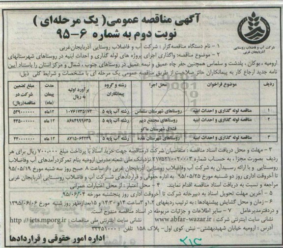 آگهی مناقصه عمومی, مناقصه واگذاری اجرای پروژه های لوله گذاری و احداث ابنیه - نوبت دوم 