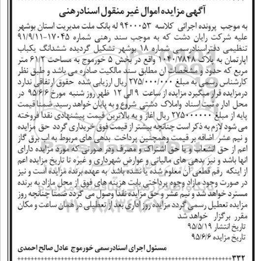 مزایده,مزایده یکباب اپارتمان مساحت 61.2متر