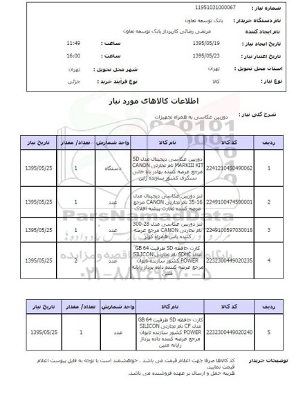 استعلام , استعلام دوربین عکاسی به همراه تجهیزات