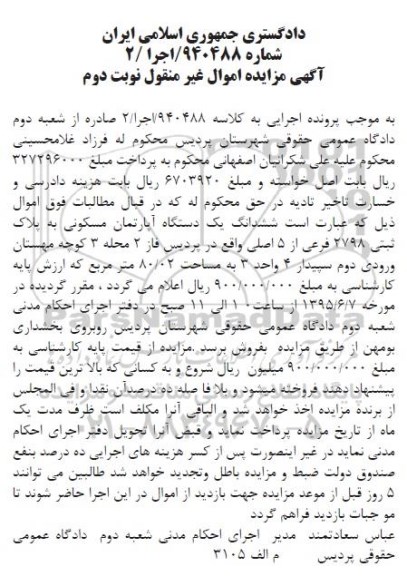 مزایده,مزایده ششدانگ اپارتمان مسکونی نوبت دوم 