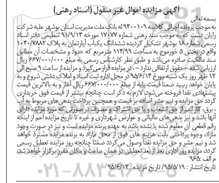 مزایده,مزایده یکباب آپارتمان به پلاک 1040/7882 کلاسه 9400109