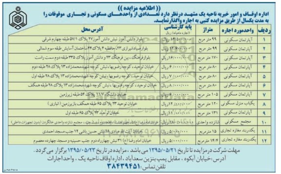 اطلاعیه مزایده , مزایده اجاره تعدادی از واحدهای مسکونی و تجاری موقوفات