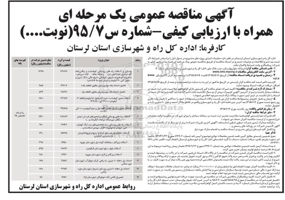 آگهی مناقصه عمومی یک مرحله ای همراه با ارزیابی کیفی, مناقصه بهسازی و آسفالت راه های روستایی کوهدشت و ... 