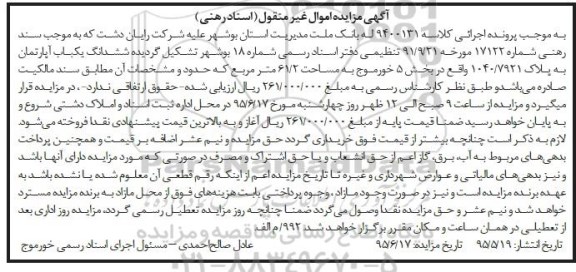 مزایده,مزایده ششدانگ اپارتمان به پلاک 1040/7921 کلاسه 9400131