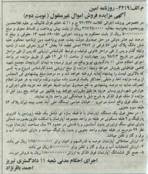 مزایده,مزایده ششدانگ پلاک ثبتی بخش سه تبریز نوبت دوم