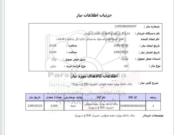 استعلام, استعلام چای داخله بهاره جعبه مقوایی حصیری