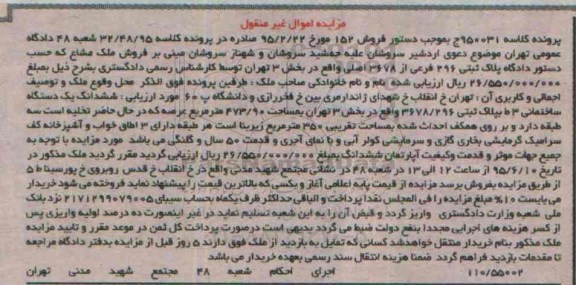 مزایده,مزایده ششدانگ ساختمان بخش سه تهران