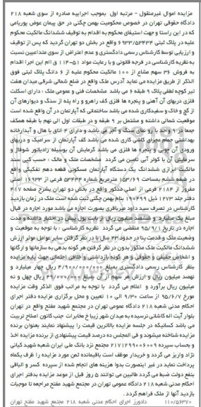 مزایده,مزایده 36 سهم مشاع از 100 مالکیت از ششدانگ پلاک ثبتی