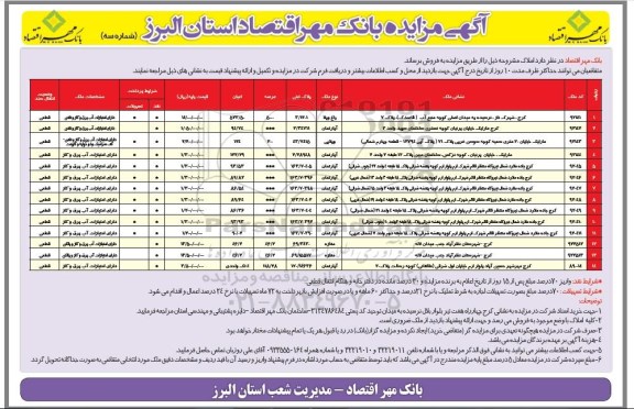 مزایده,مزایده فروش املاک بانک مهر اقتصاد استان البرز