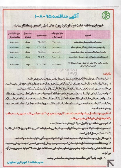 آگهی مناقصه, مناقصه احداث آبراهه و کانیو در سطح منطقه هشت ....