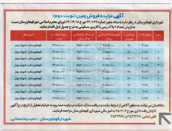 مزایده,مزایده فروش تعداد نه پلاک زمین کاربری مسکونی نوبت دوم 