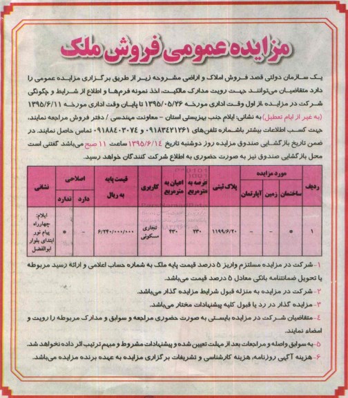 مزایده,مزایده املاک و اراضی کاربری تجاری مسکونی عرصه 230متر